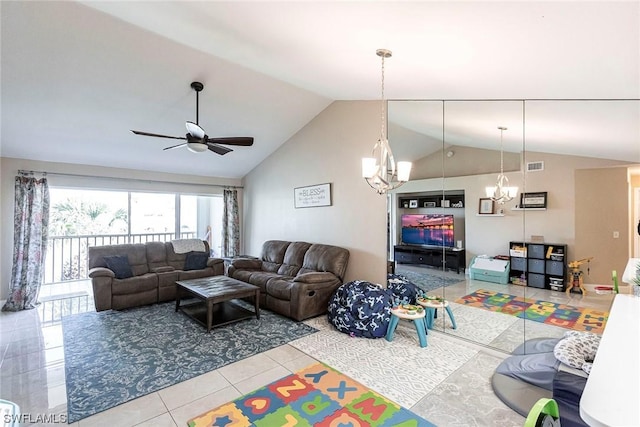 living room featuring light tile patterned floors, ceiling fan, and lofted ceiling