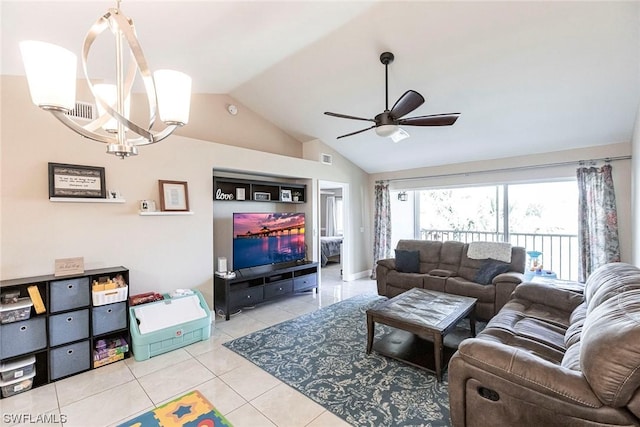 tiled living room featuring ceiling fan with notable chandelier and vaulted ceiling