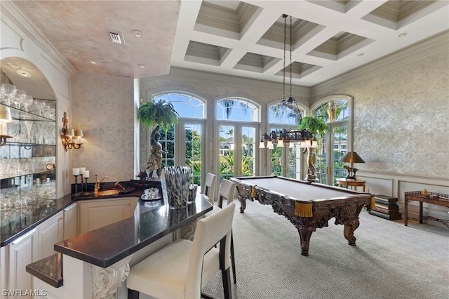 game room with beam ceiling, carpet flooring, coffered ceiling, billiards, and crown molding