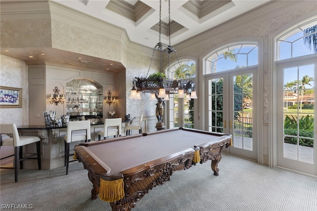 game room with ornamental molding, coffered ceiling, indoor bar, billiards, and beamed ceiling