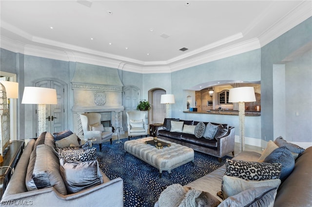 living room with crown molding