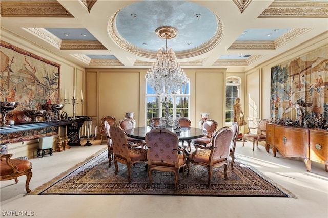 dining area featuring beamed ceiling, an inviting chandelier, coffered ceiling, and crown molding