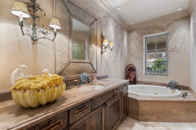 bathroom featuring vanity, tiled bath, and ornamental molding