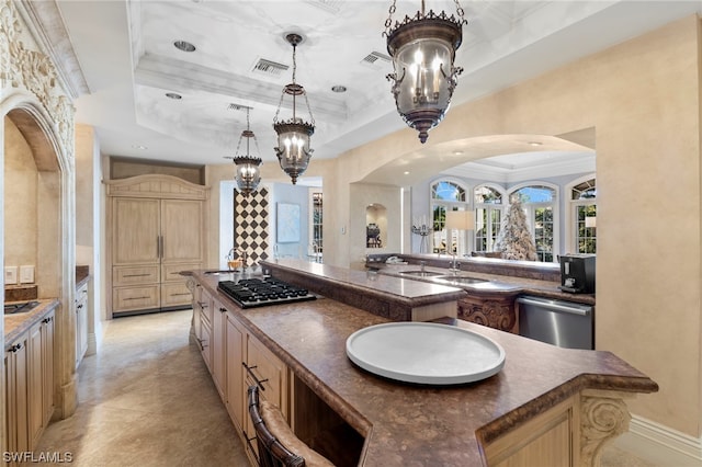 kitchen featuring pendant lighting, a center island, stainless steel appliances, and a tray ceiling