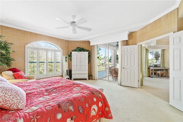 carpeted bedroom with crown molding, ceiling fan, and access to outside