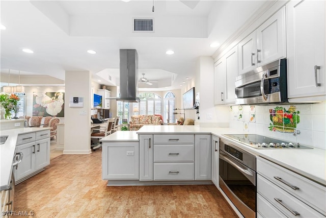 kitchen with kitchen peninsula, a tray ceiling, and appliances with stainless steel finishes