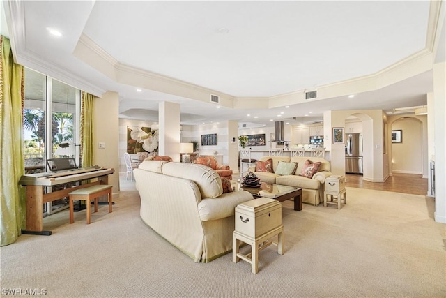 living room with crown molding, light carpet, and a raised ceiling