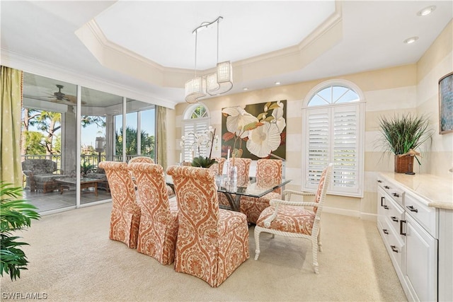 carpeted dining room featuring ceiling fan, a raised ceiling, and crown molding