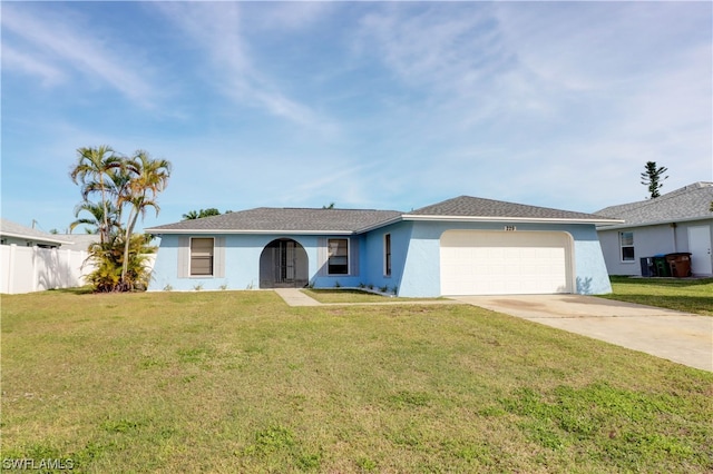 single story home featuring a front lawn and a garage