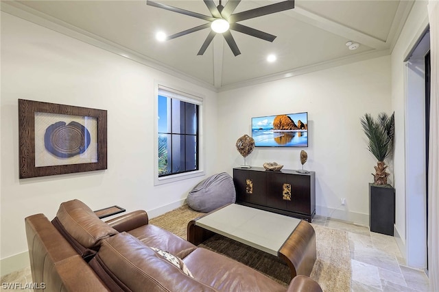 living room featuring light tile floors, beam ceiling, ceiling fan, and ornamental molding