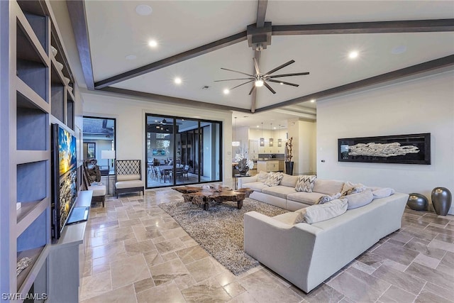 tiled living room with vaulted ceiling with beams and ceiling fan