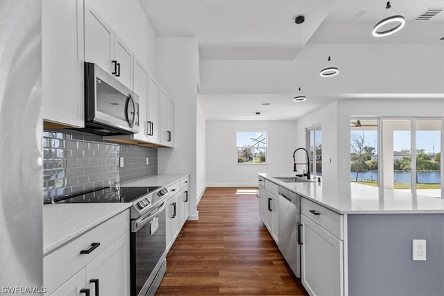 kitchen with sink, dark hardwood / wood-style flooring, appliances with stainless steel finishes, a water view, and tasteful backsplash