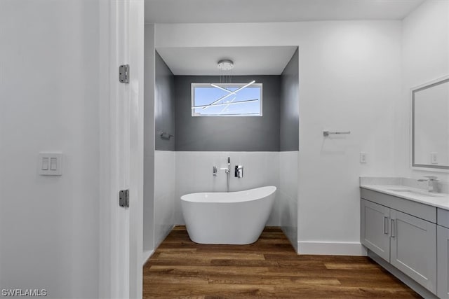 bathroom with tile walls, a bathing tub, vanity with extensive cabinet space, and hardwood / wood-style flooring