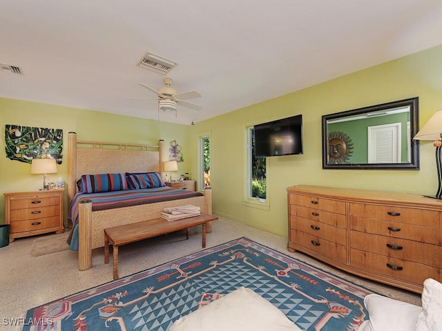 bedroom with visible vents and ceiling fan