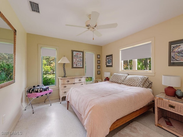 bedroom featuring a ceiling fan, visible vents, and baseboards