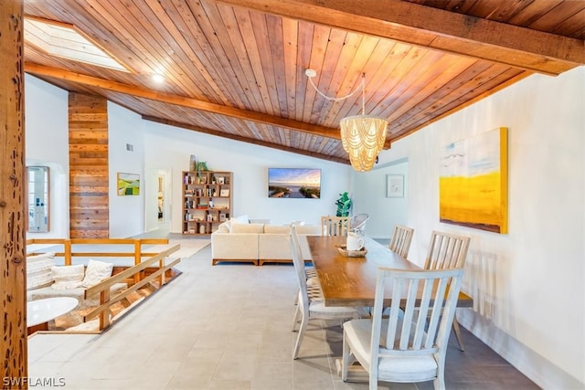 tiled dining area featuring wood ceiling and lofted ceiling with skylight