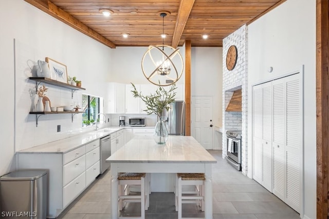 kitchen featuring white cabinetry, wooden ceiling, beam ceiling, backsplash, and pendant lighting