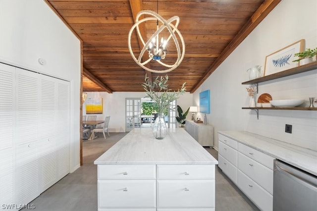 kitchen with a center island, stainless steel dishwasher, vaulted ceiling, and wood ceiling