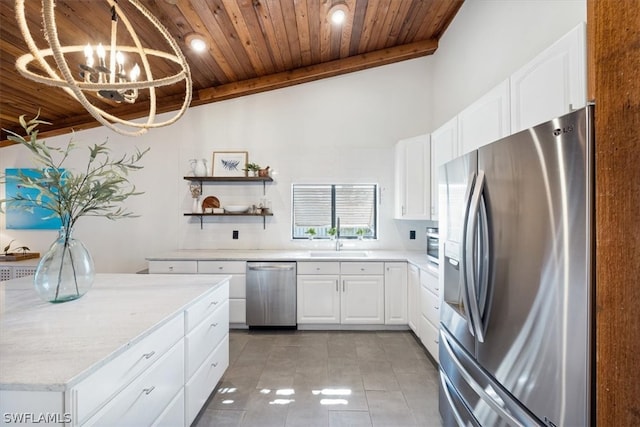 kitchen featuring white cabinetry, stainless steel appliances, vaulted ceiling with beams, and wood ceiling