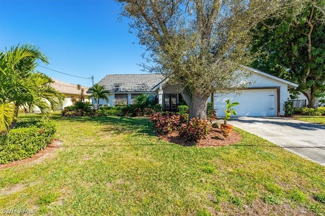 ranch-style home with a front yard and a garage