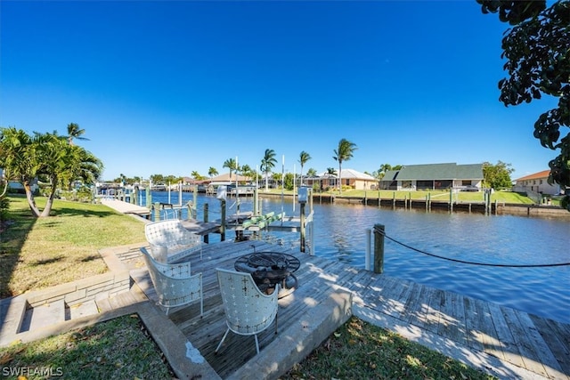 dock area featuring a water view and a yard