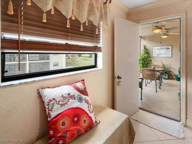 tiled bedroom with crown molding