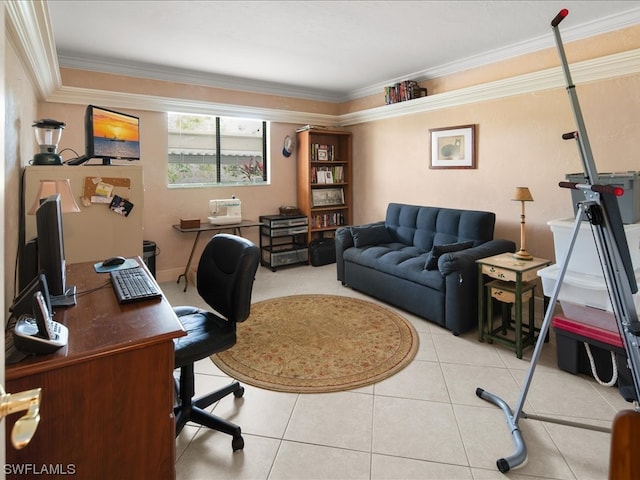 office space featuring light tile floors and crown molding