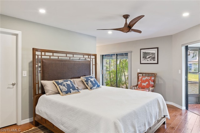 bedroom featuring access to exterior, ceiling fan, and wood-type flooring