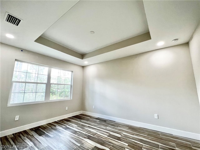 spare room with a raised ceiling and dark wood-type flooring