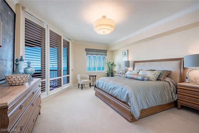 bedroom featuring light colored carpet, access to exterior, and ornamental molding