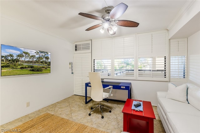 tiled office space with ceiling fan and crown molding