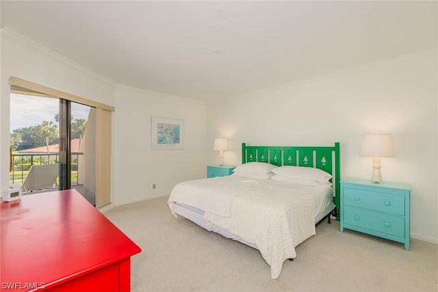 carpeted bedroom featuring access to outside and crown molding