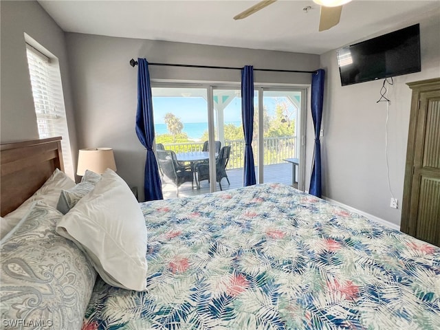 bedroom with ceiling fan, multiple windows, and access to outside