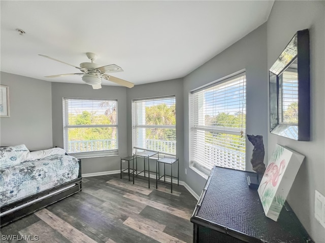 bedroom featuring ceiling fan and dark wood-type flooring