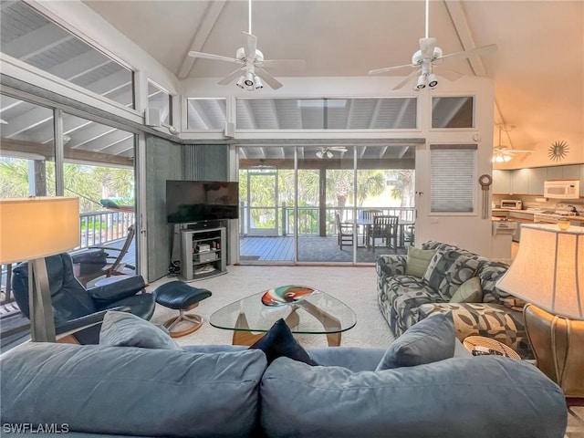 living room featuring beam ceiling, carpet flooring, high vaulted ceiling, and ceiling fan