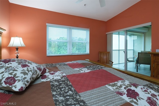 tiled bedroom with access to exterior and ceiling fan