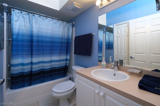 full bathroom with toilet, shower / bathtub combination with curtain, large vanity, and tile flooring