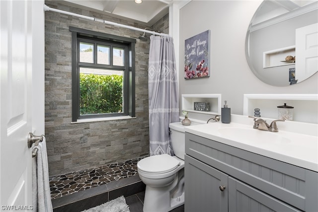 bathroom with tile flooring, ornamental molding, oversized vanity, a shower with curtain, and toilet