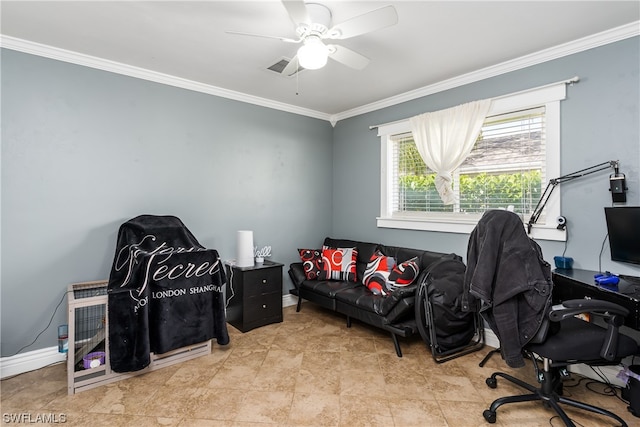 tiled home office with crown molding and ceiling fan