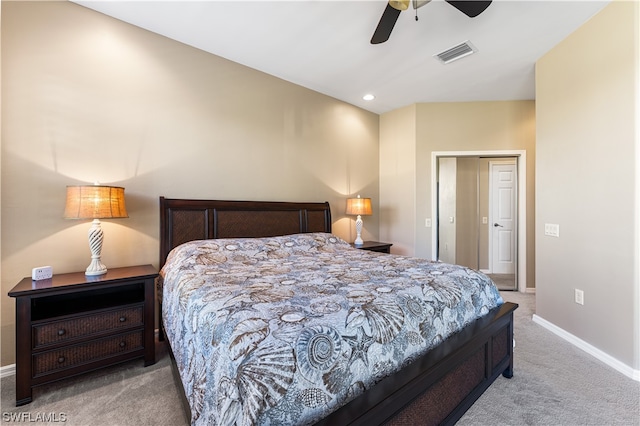 carpeted bedroom featuring ceiling fan