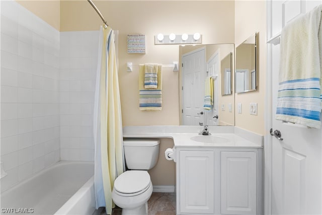 full bathroom with vanity, shower / bath combination with curtain, tile floors, and toilet