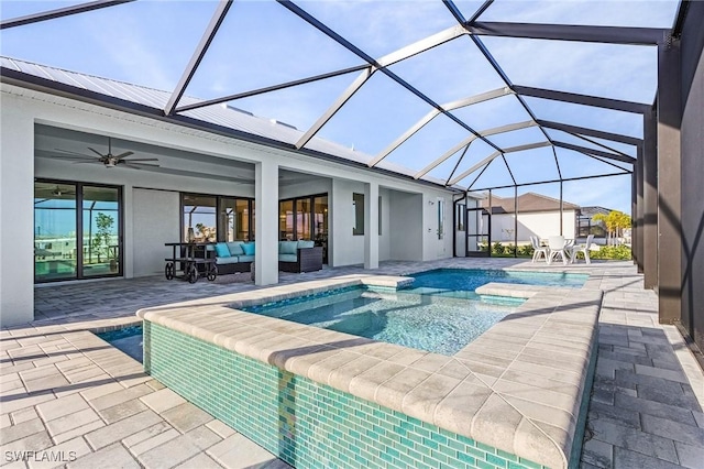 view of pool with a lanai, a patio area, an outdoor living space, and ceiling fan