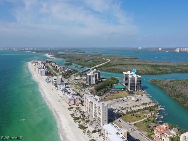 aerial view featuring a beach view and a water view