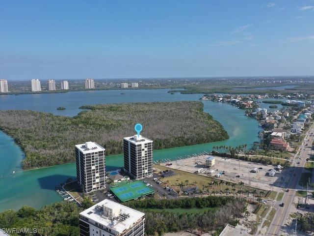 birds eye view of property featuring a water view