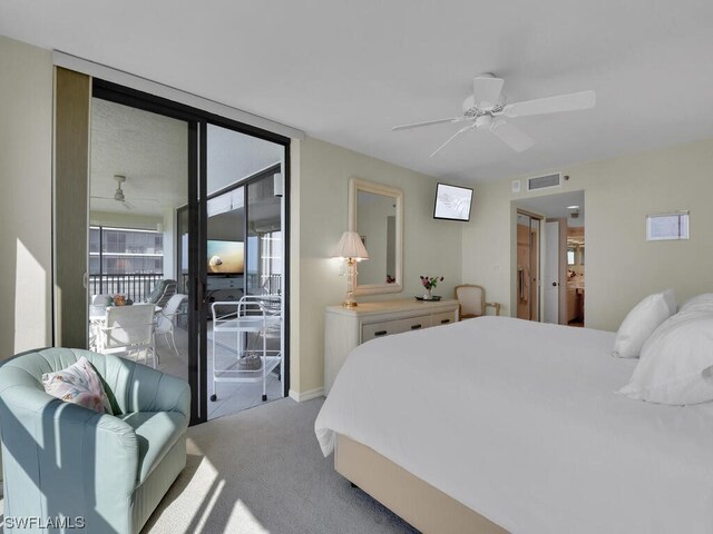 carpeted bedroom featuring access to exterior and ceiling fan