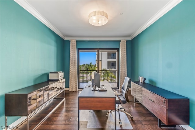 office with ornamental molding and dark hardwood / wood-style floors