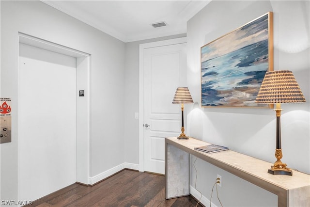 home office with crown molding and dark hardwood / wood-style floors