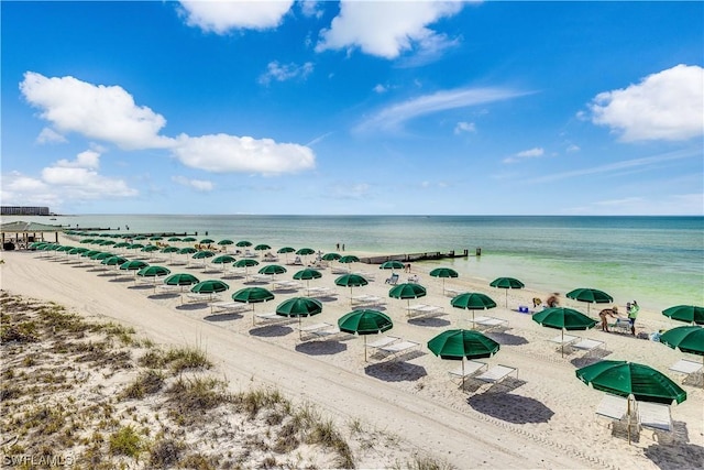 birds eye view of property with a water view and a view of the beach