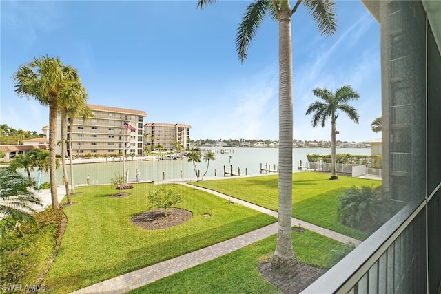 view of yard with a water view