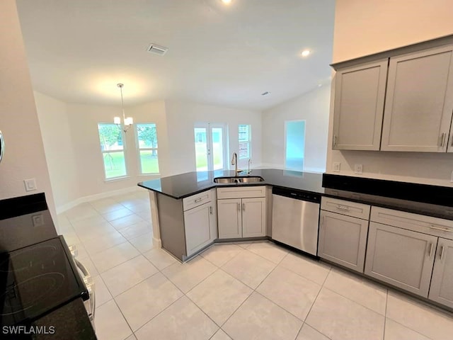 kitchen with gray cabinetry, sink, kitchen peninsula, stainless steel dishwasher, and stove